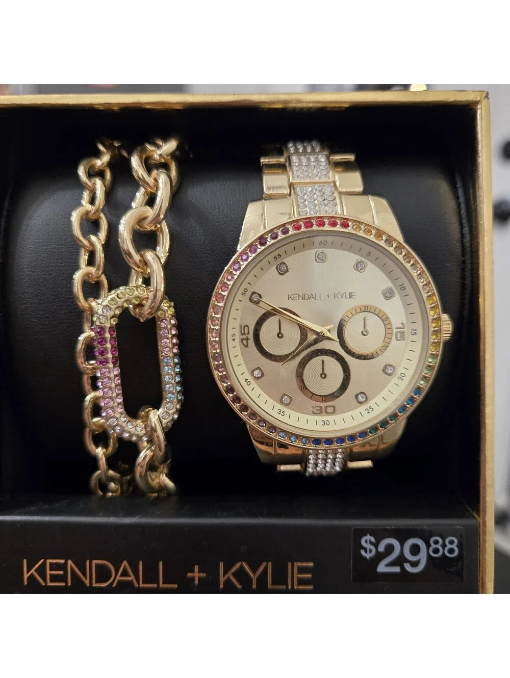Kendall Kylie Gold Tone Rainbow Rhinestone Watch Bracelet Set Womens New In Box